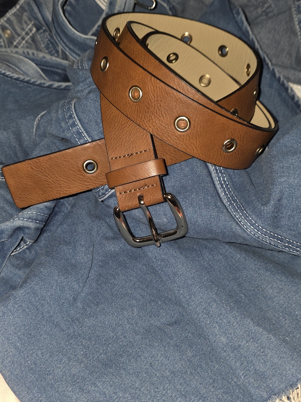 Unisex Brown Leather-like Grommet Belt